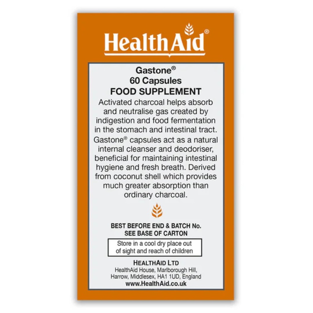 * Health Aid Gastone (Activated Charcoal) Capsules, 60's