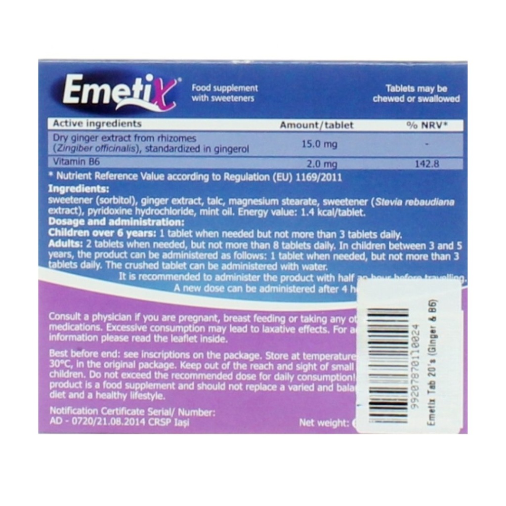 * Emetix Ginger & Vitamin B6 Tablets, 20's