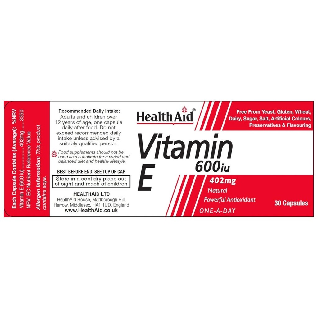 HealthAid Vitamin E 600iu Natural Capsules, 30's