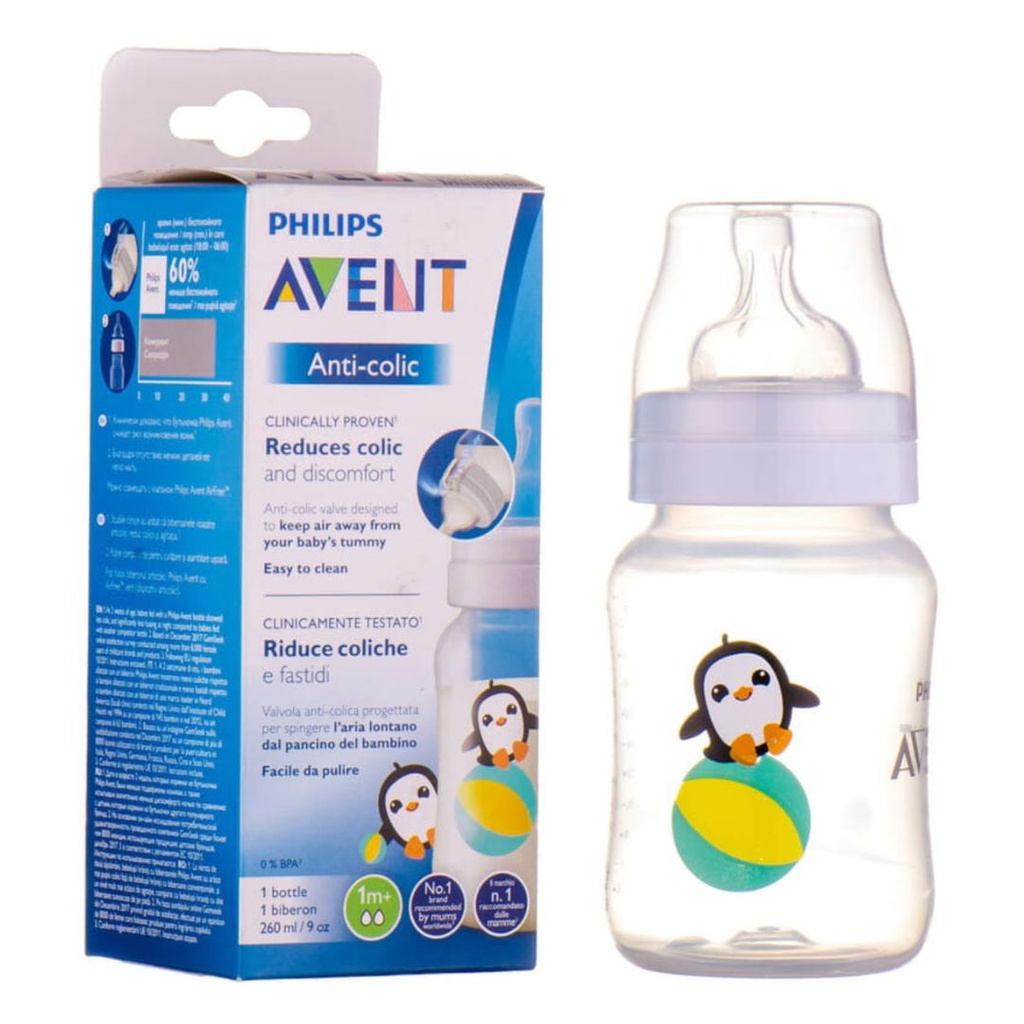 * Avent Anti-Colic Feeding Bottle - 1m+ - Penguin, 260ml