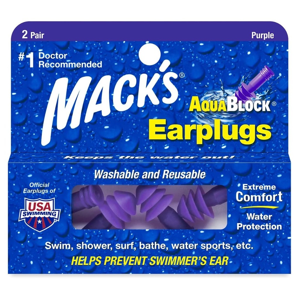 * Mack's Aqua Block Earplugs Purple Plus Storage Case, 2 Pairs