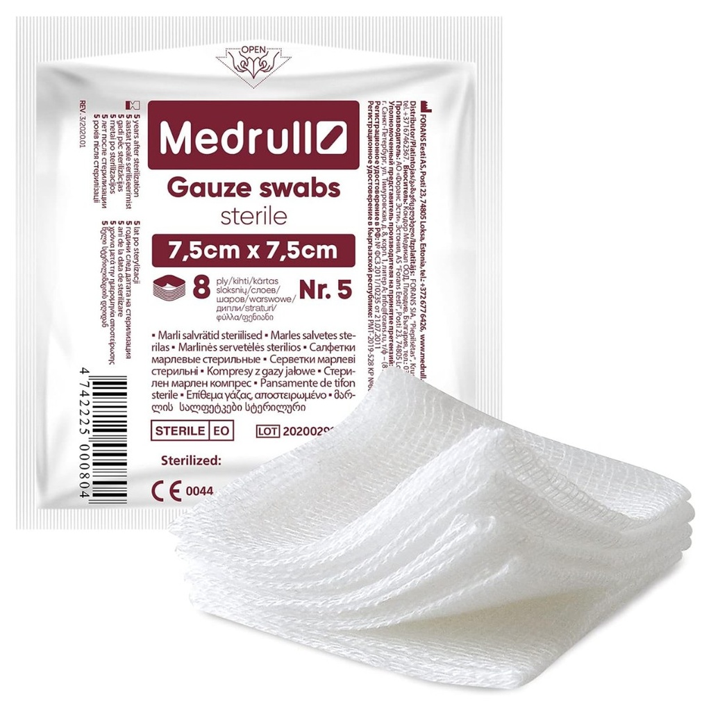 Medrull Strile Gauze 7.5x7.5cm Swabs, 5's - Nr.5