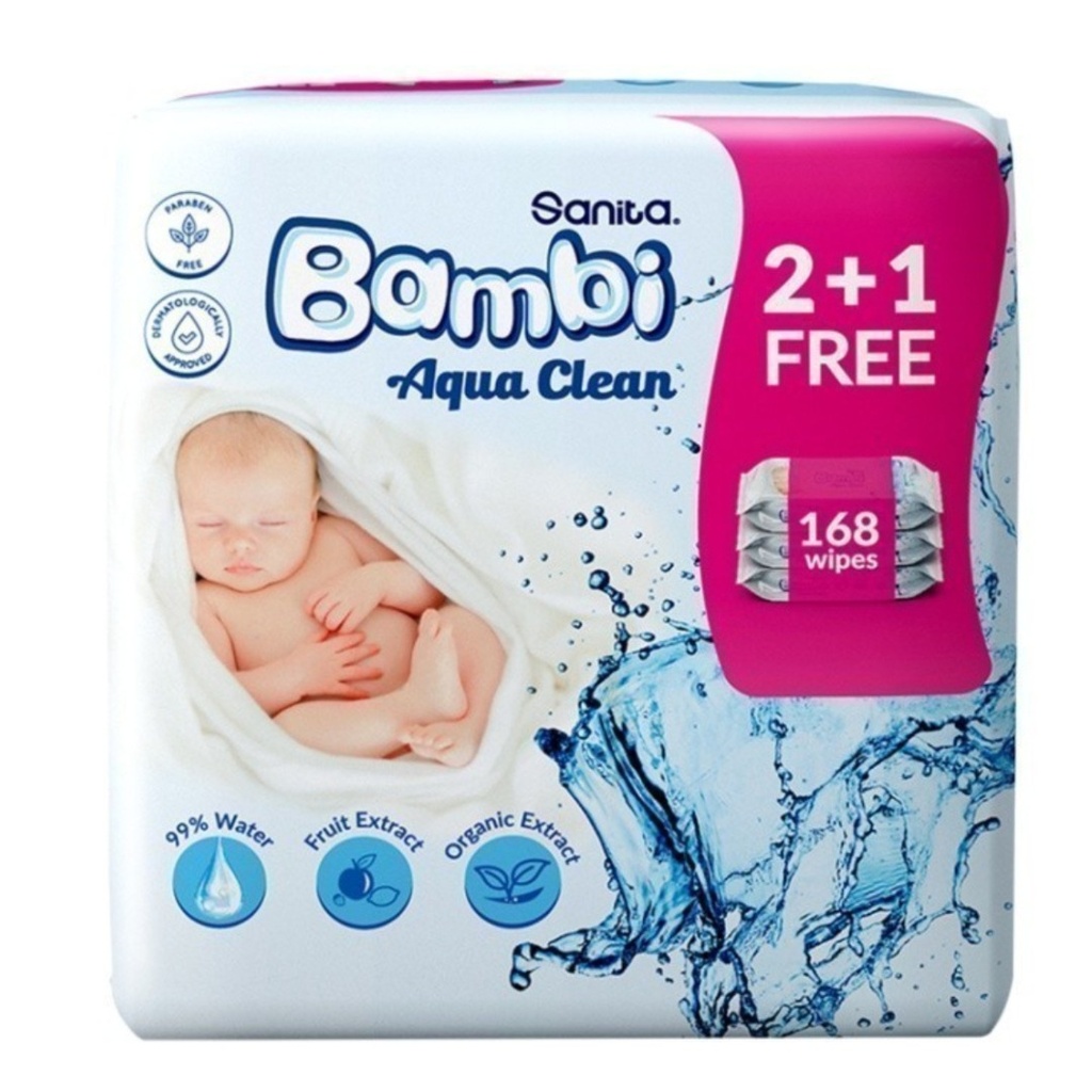 Sanita Bambi Aqua Wet Wipes 64's - (2+1 Free)
