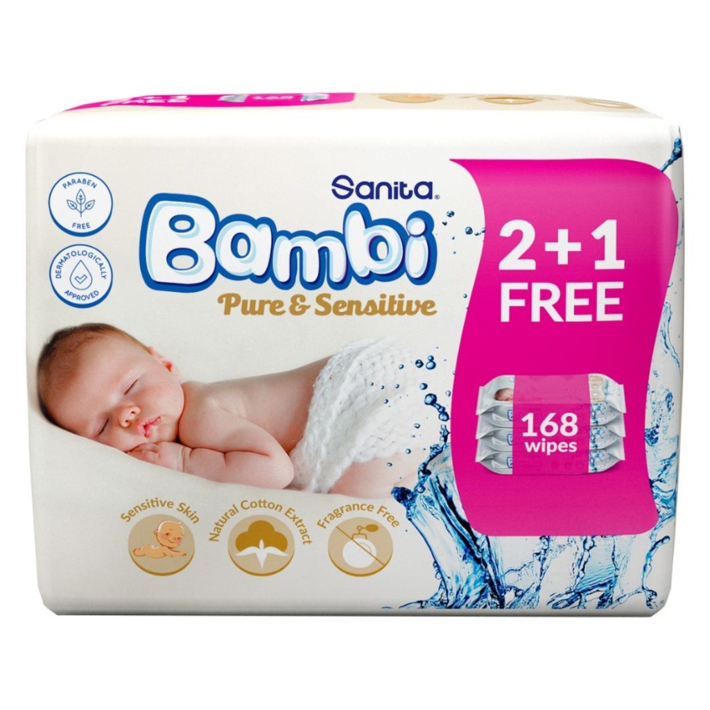Sanita Bambi Pure & Senstive Wipes 64's - (2+1 Free)