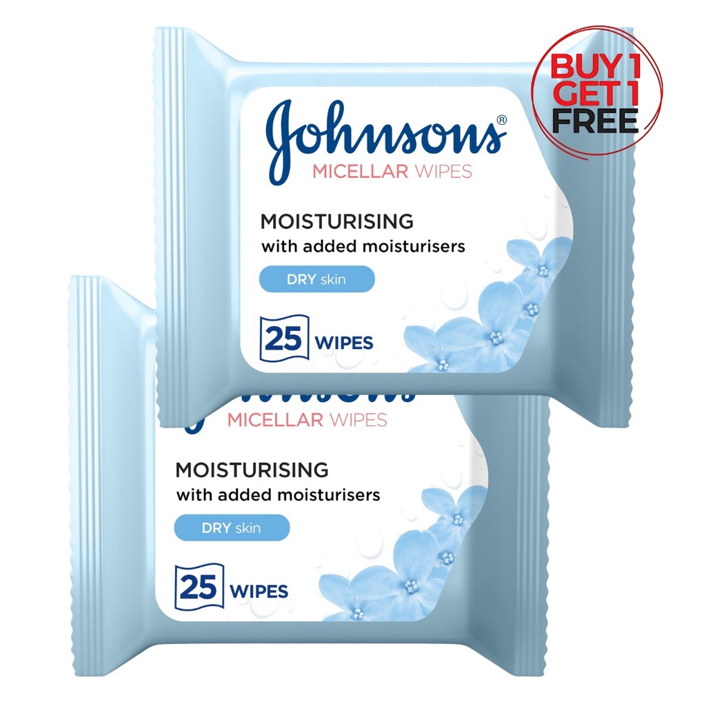  جونسون مناديل ميسيلار- للبشرة الجافة، 25 منديل-(1+1 مجانا)