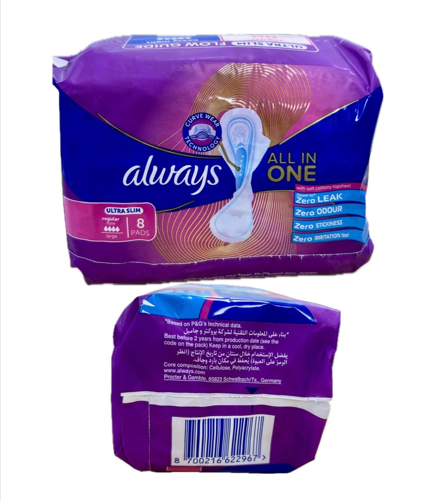 Always All in One Ultra Slim Large Pads, 8's