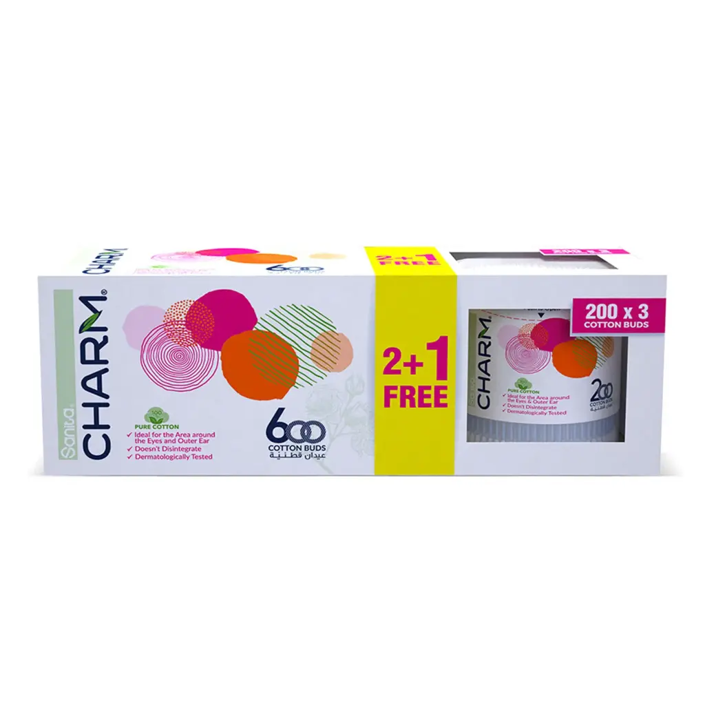 *Sanita Charm 100% Pure Cotton Round Buds, 200's - (2+1 Free)
